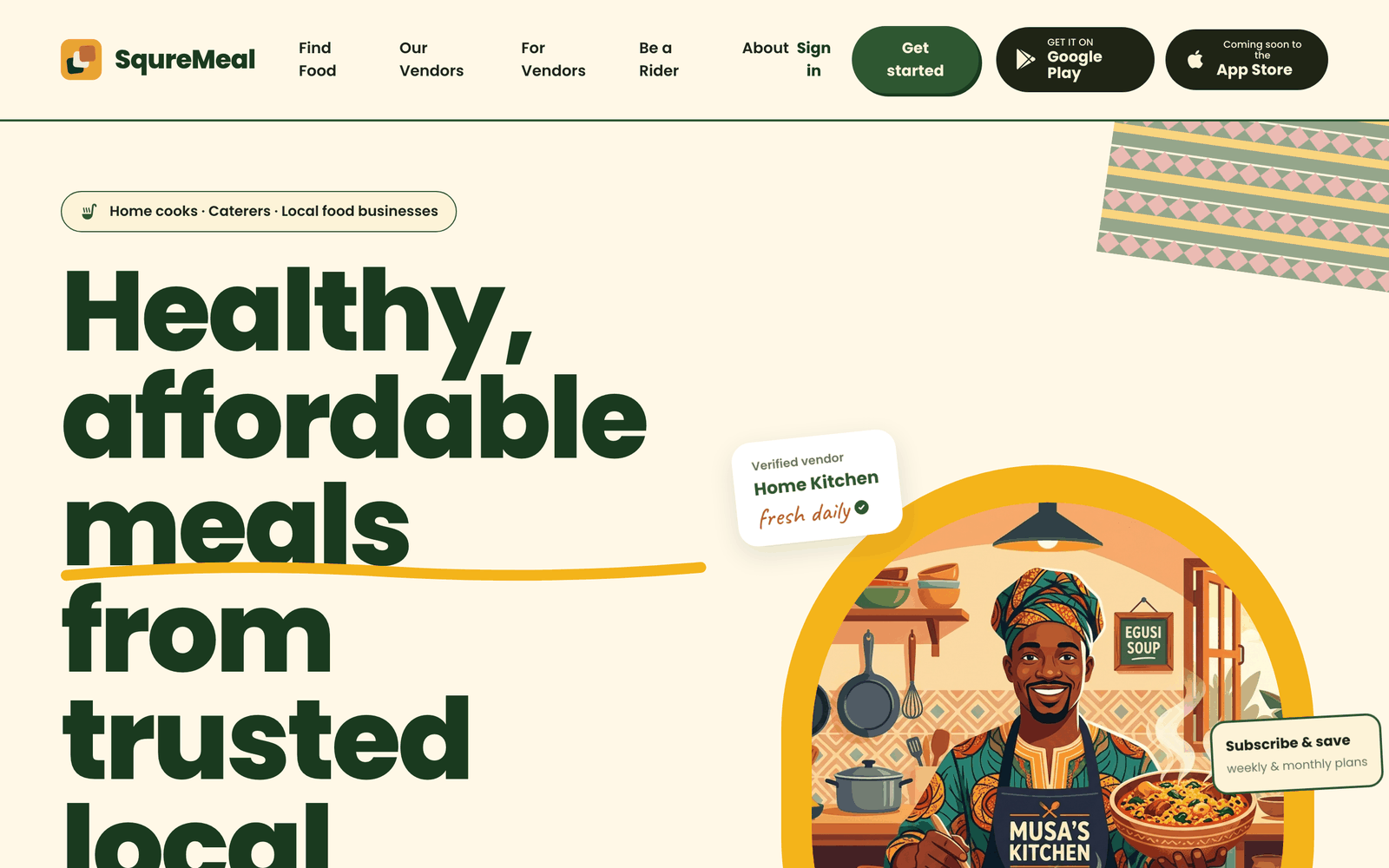 SqureMeal home page: healthy, affordable meals from trusted local vendors