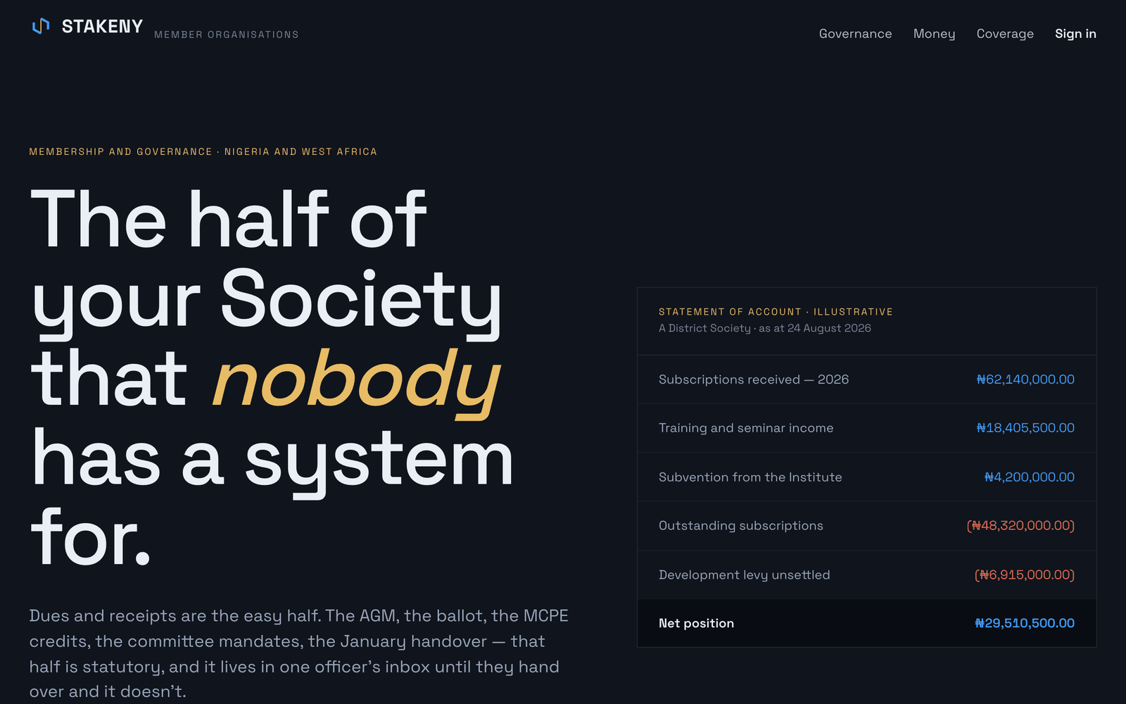 Stakeny landing page showing an illustrative society statement of account